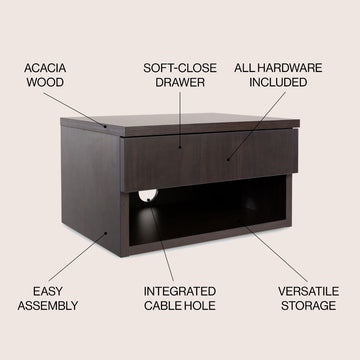 Ettore 15.71" Mid-Century Modern Floating Wall Mounted Nightstand with Soft-Close Drawer and Cable Hole - JONATHAN Y